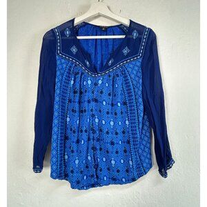 Lucky Brand Womens Border Print Embroidered Top Medium Long Sleeve V-Neck Blue